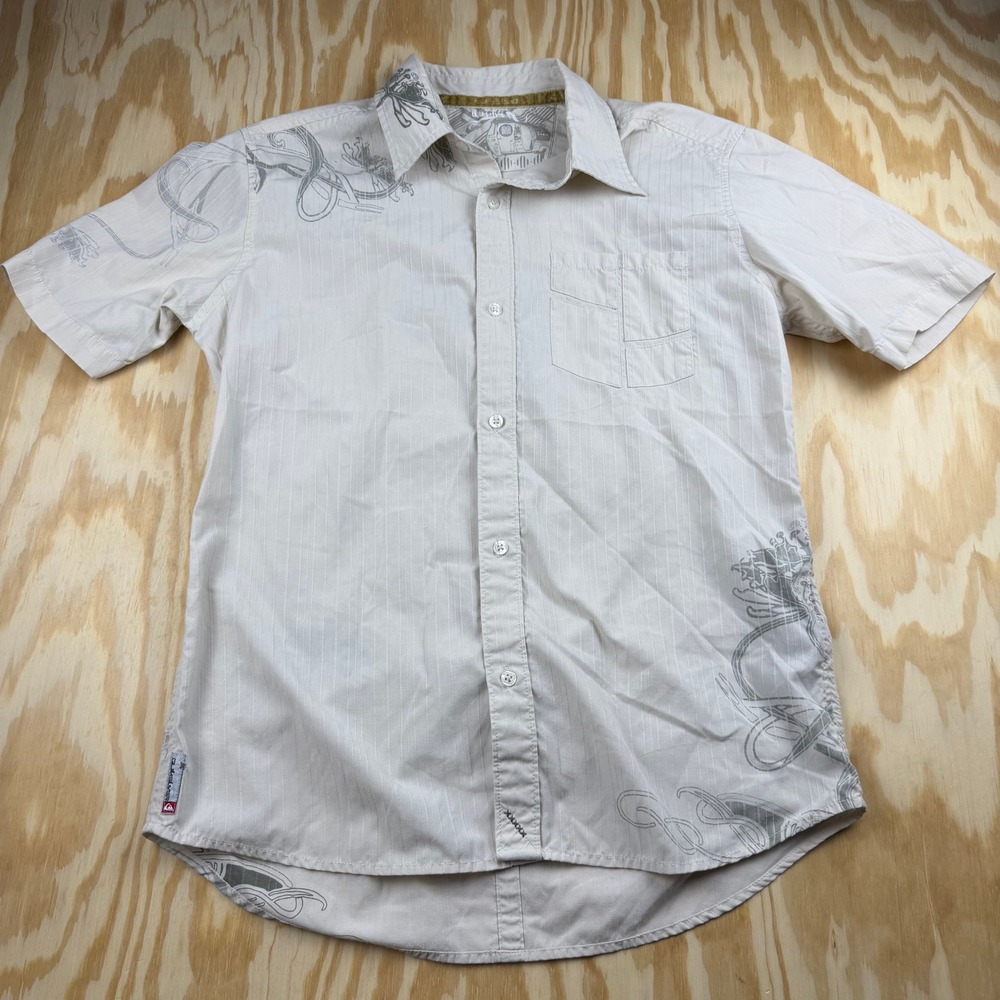 Y2K Quiksilver Mens Beige Pinstripe Graphic Short Sleeve Button Up Shirt Size M